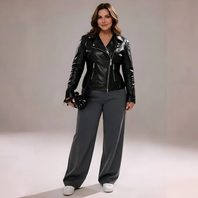 Damen Taillierte Bikerjacke in Lederoptik mit asymmetrischem Reißverschluss und Ziernähten Nord Taschen