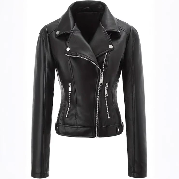 Damen Taillierte Bikerjacke in Lederoptik mit asymmetrischem Reißverschluss und Ziernähten Nord Taschen