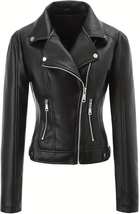 Damen Taillierte Bikerjacke in Lederoptik mit asymmetrischem Reißverschluss und Ziernähten Nord Taschen