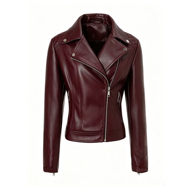 Damen taillierte Biker-Lederjacke mit Stepp-Schultern und asymmetrischem Reißverschluss Nord Taschen
