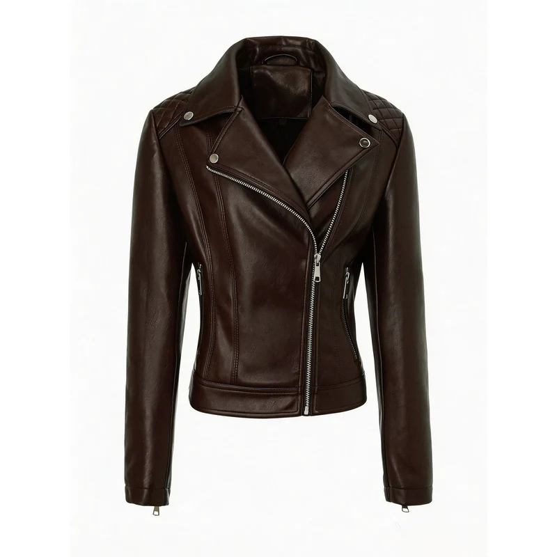 Damen taillierte Biker-Lederjacke mit Stepp-Schultern und asymmetrischem Reißverschluss Nord Taschen