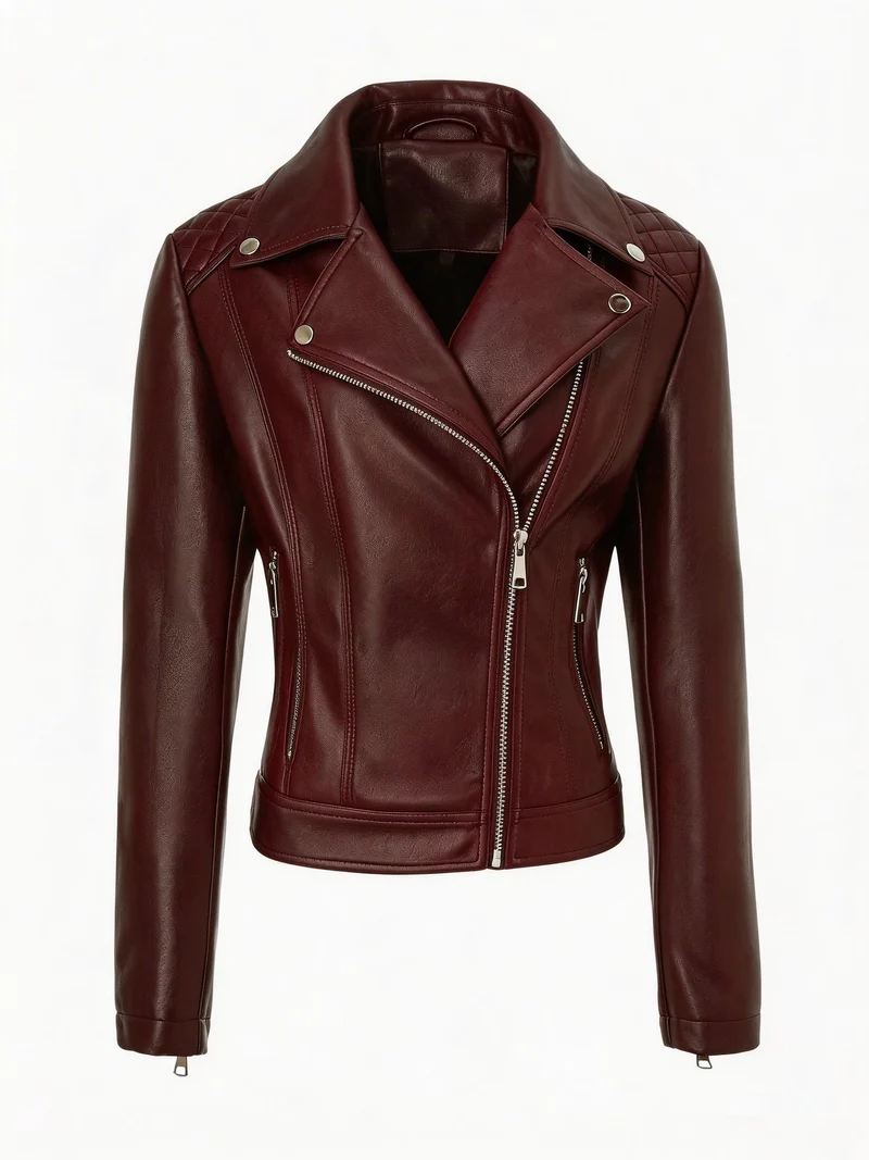 Damen taillierte Biker-Lederjacke mit Stepp-Schultern und asymmetrischem Reißverschluss Nord Taschen