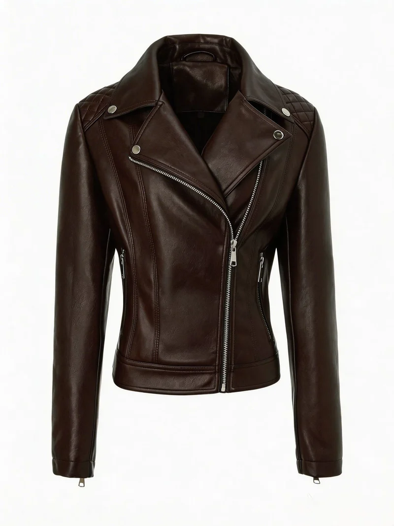 Damen taillierte Biker-Lederjacke mit Stepp-Schultern und asymmetrischem Reißverschluss Nord Taschen