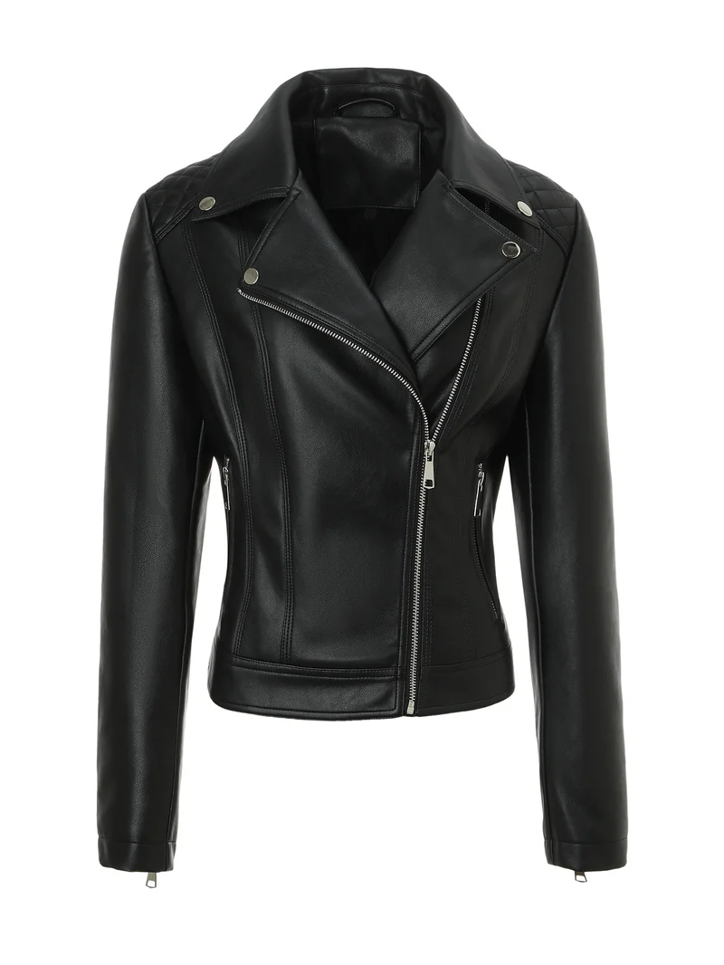 Damen Taillierte Biker-Lederjacke mit Stepp-Schultern Nord Taschen