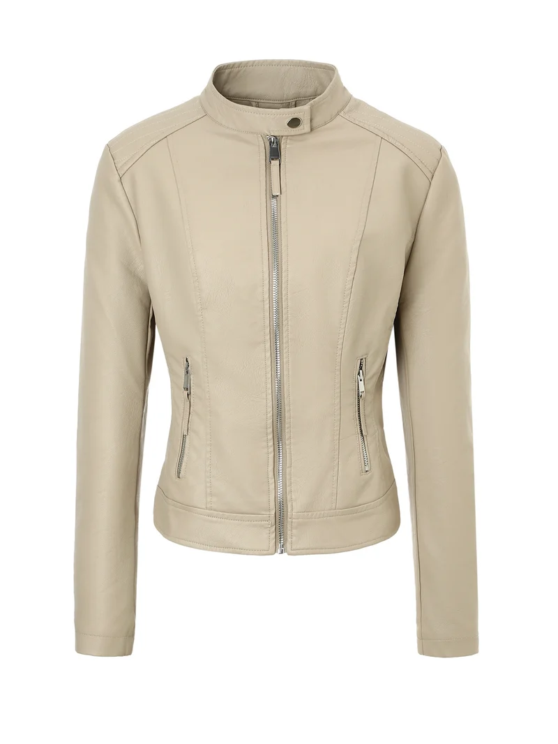 Damen Slim-Fit Biker-Lederjacke mit Stehkragen Nord Taschen