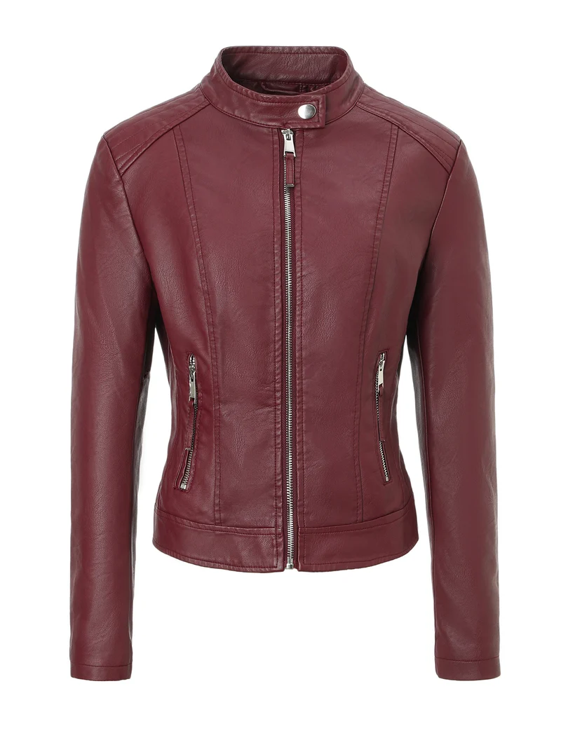 Damen Slim-Fit Biker-Lederjacke mit Stehkragen Nord Taschen