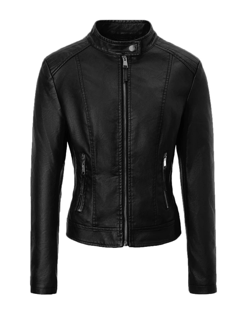 Damen Slim-Fit Biker-Lederjacke mit Stehkragen Nord Taschen