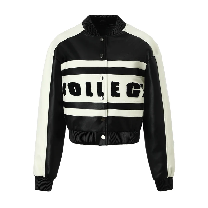 Damen Cropped College‑Bomberjacke aus Kunstleder mit kontrastierenden Streifen und Druckknöpfen Nord Taschen
