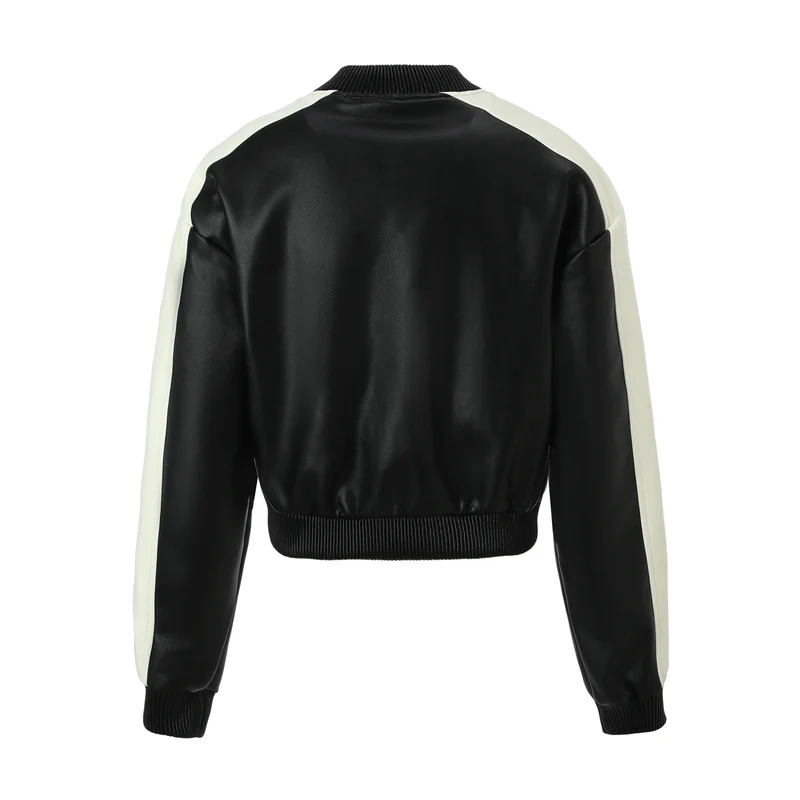 Damen Cropped College‑Bomberjacke aus Kunstleder mit kontrastierenden Streifen und Druckknöpfen Nord Taschen