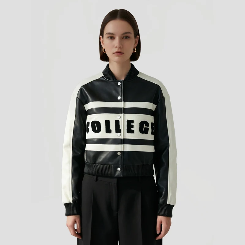 Damen Cropped College‑Bomberjacke aus Kunstleder mit kontrastierenden Streifen und Druckknöpfen Nord Taschen
