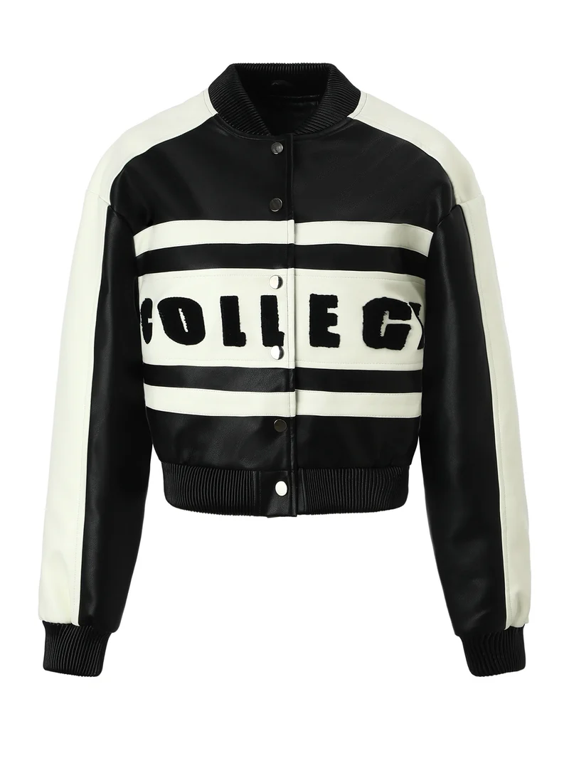 Damen Cropped College‑Bomberjacke aus Kunstleder mit kontrastierenden Streifen und Druckknöpfen Nord Taschen