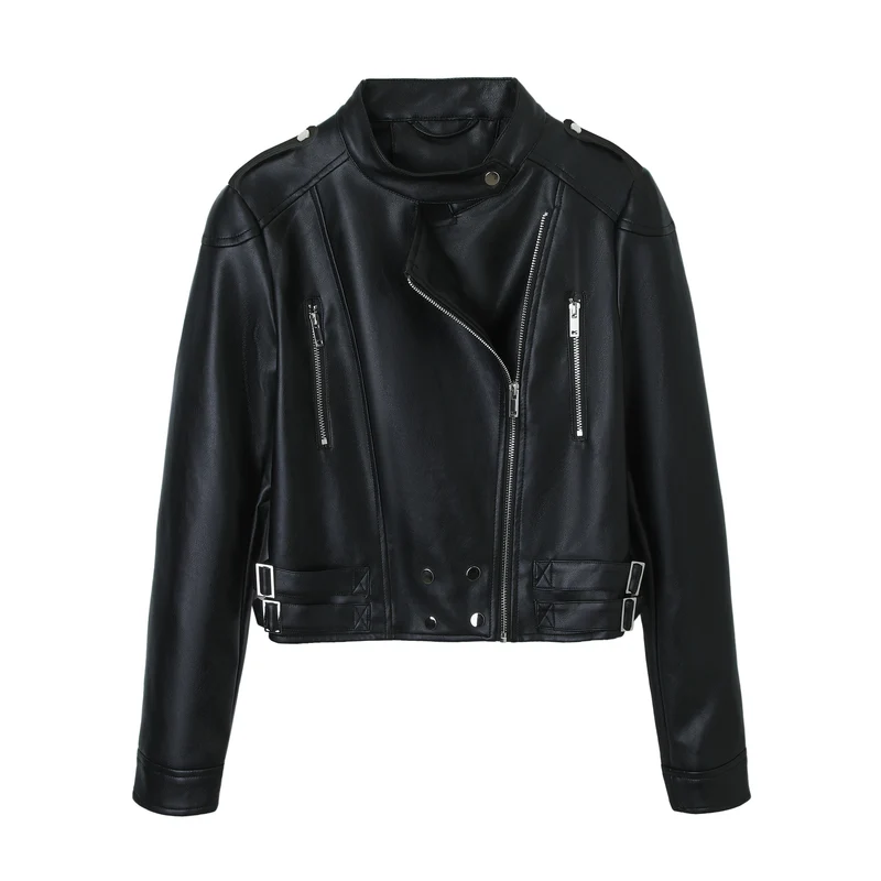 Damen Cropped Bikerjacke aus Kunstleder mit Stehkragen, Ziernähten und Doppel-Schnallen Nord Taschen