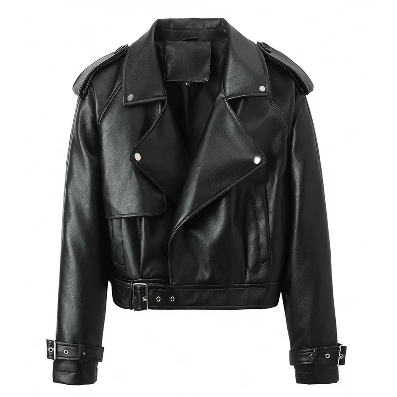Damen Cropped Biker‑Trench aus weichem Kunstleder mit Schulterriegeln und Schnallenmanschetten Nord Taschen
