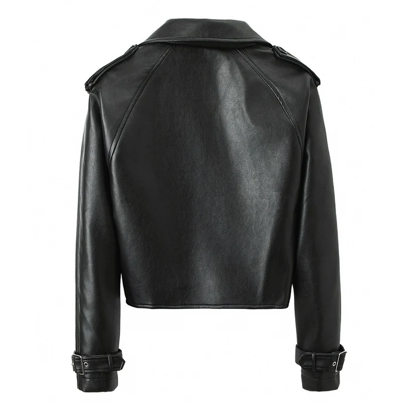 Damen Cropped Biker‑Trench aus weichem Kunstleder mit Schulterriegeln und Schnallenmanschetten Nord Taschen