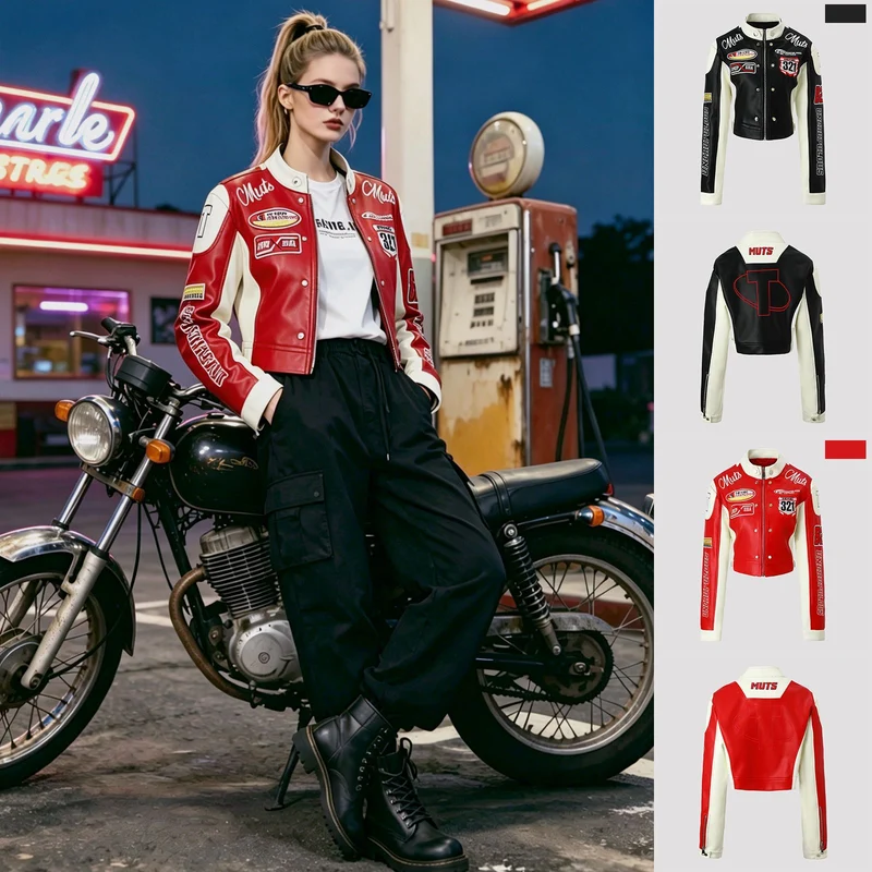 Damen Bikerjacke im Racing-Look mit gestickten Patches und kontrastierenden Ärmeln Nord Taschen