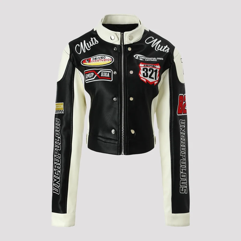 Damen Bikerjacke im Racing-Look mit gestickten Patches und kontrastierenden Ärmeln Nord Taschen