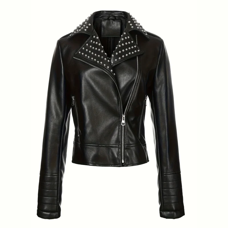 Damen Asymmetrische Bikerjacke aus Kunstleder mit genietetem Revers und gesteppter Armzone Nord Taschen