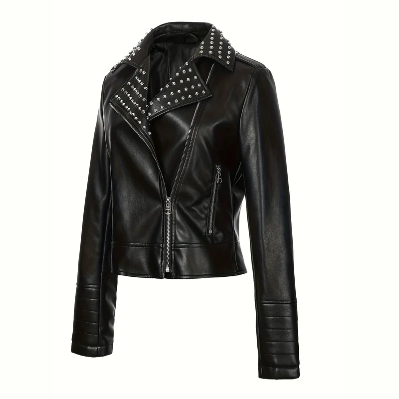 Damen Asymmetrische Bikerjacke aus Kunstleder mit genietetem Revers und gesteppter Armzone Nord Taschen
