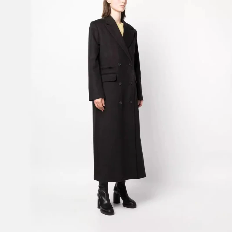 Damen Maxilanger Doppelreihiger Wollmix-Longcoat mit strukturierten Schultern und Pattentaschen Nord Taschen