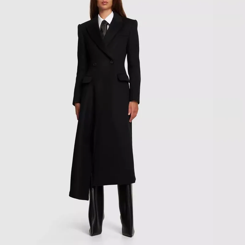 Damen Maxilanger Asymmetrischer Doppelreihiger Blazer‑Mantel mit betonter Schulter Nord Taschen