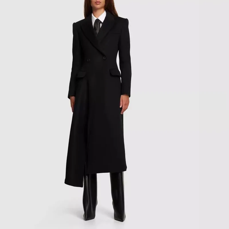 Damen Maxilanger Asymmetrischer Doppelreihiger Blazer‑Mantel mit betonter Schulter Nord Taschen