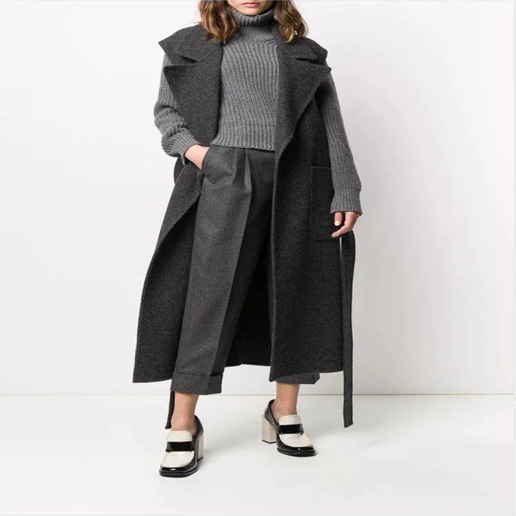 Damen Maxilanger ärmelloser Wollmix-Mantel mit weitem Schalkragen und Bindegürtel Nord Taschen