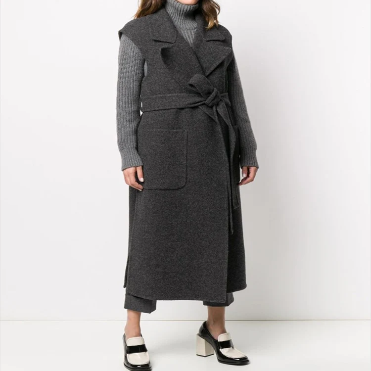 Damen Maxilanger ärmelloser Wollmix-Mantel mit weitem Schalkragen und Bindegürtel Nord Taschen