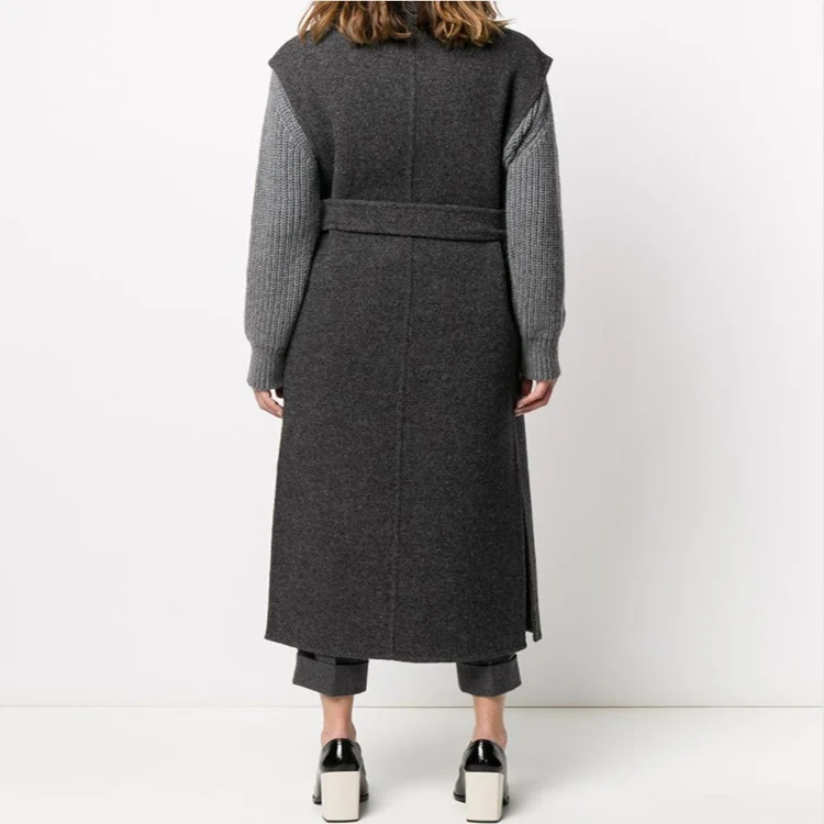 Damen Maxilanger ärmelloser Wollmix-Mantel mit weitem Schalkragen und Bindegürtel Nord Taschen
