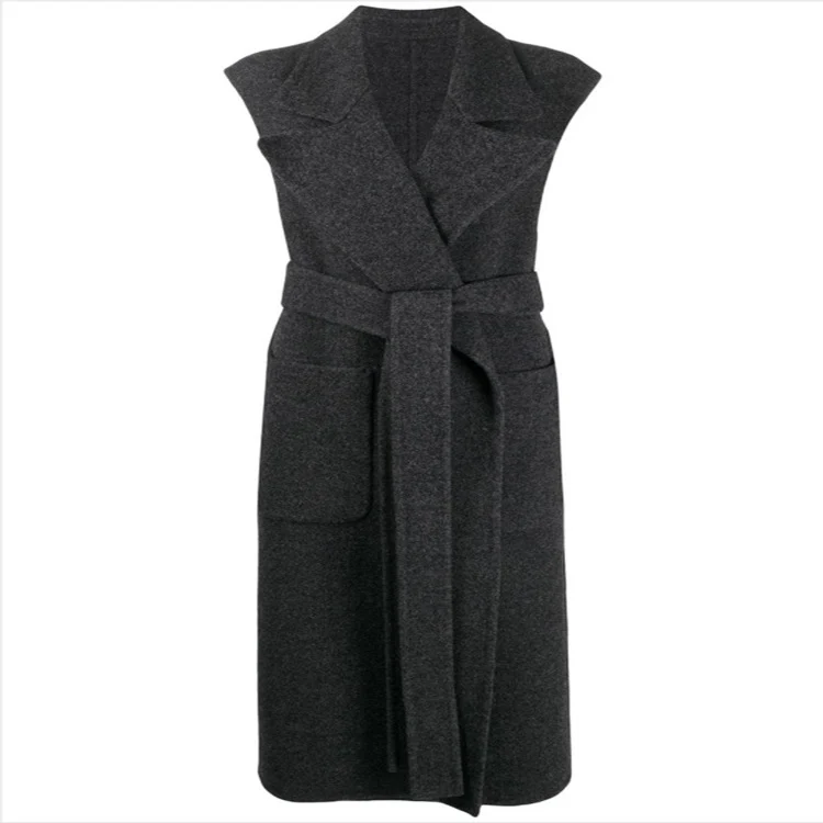 Damen Maxilanger ärmelloser Wollmix-Mantel mit weitem Schalkragen und Bindegürtel Nord Taschen