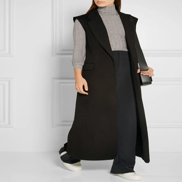 Damen Maxilange Ärmellose Tailoring-Weste aus Wollmix mit Pattentaschen Nord Taschen