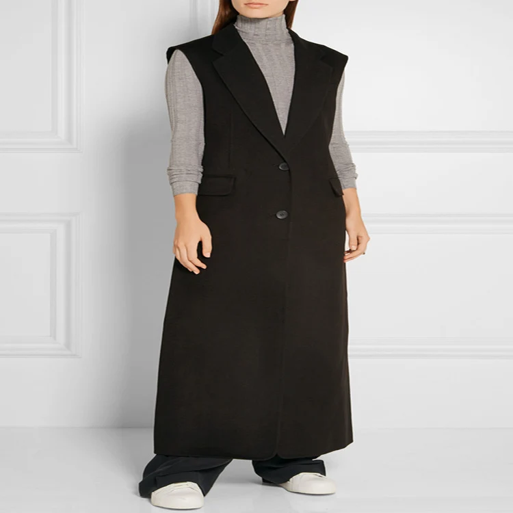 Damen Maxilange Ärmellose Tailoring-Weste aus Wollmix mit Pattentaschen Nord Taschen