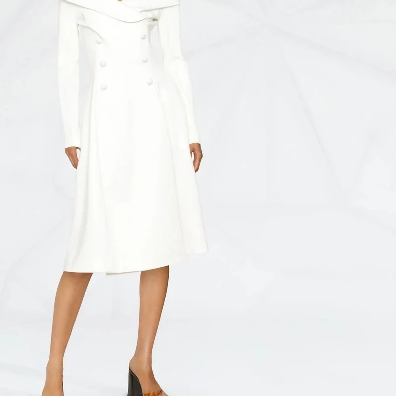 Damen Maxikleid im Mantel‑Look mit Carmenkragen und Doppelreihe Nord Taschen