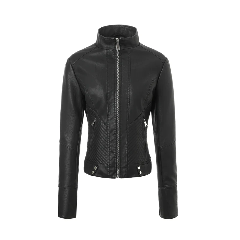 Damen Schlanke Echtlederjacke mit Stehkragen, Stepppaneelen und Reißverschluss Nord Taschen