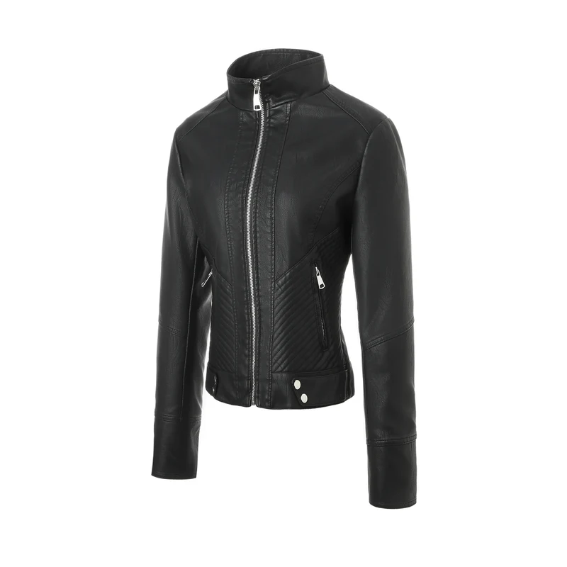 Damen Schlanke Echtlederjacke mit Stehkragen, Stepppaneelen und Reißverschluss Nord Taschen