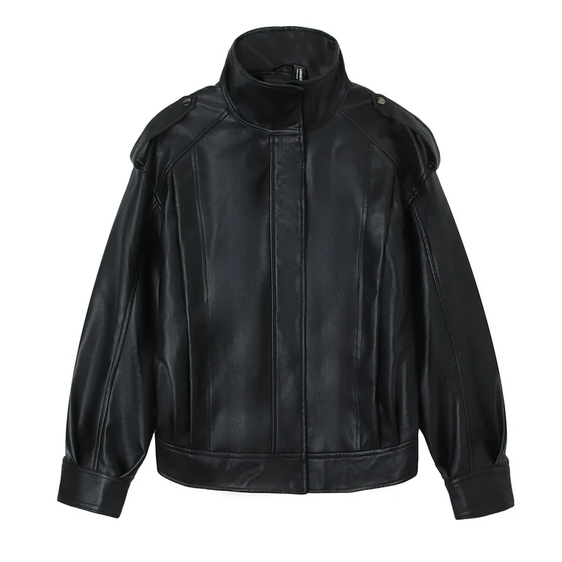 Damen Oversized-Lederjacke mit hohem Stehkragen und Schulterpatten Nord Taschen