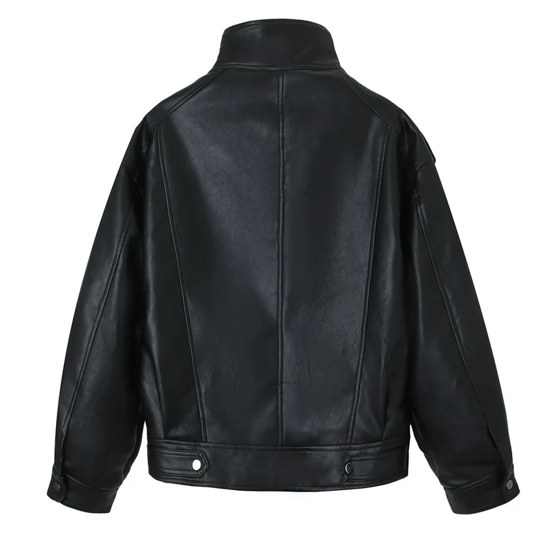 Damen Oversized-Lederjacke mit hohem Stehkragen und Schulterpatten Nord Taschen