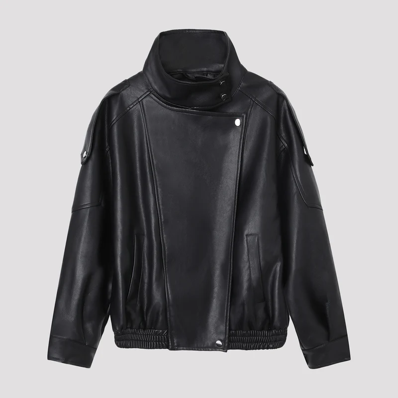 Damen Oversize-Kunstlederjacke mit hohem Stehkragen und asymmetrischer Blende Nord Taschen
