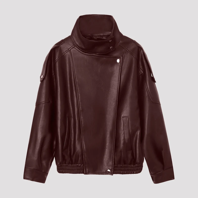 Damen Oversize-Kunstlederjacke mit hohem Stehkragen und asymmetrischer Blende Nord Taschen