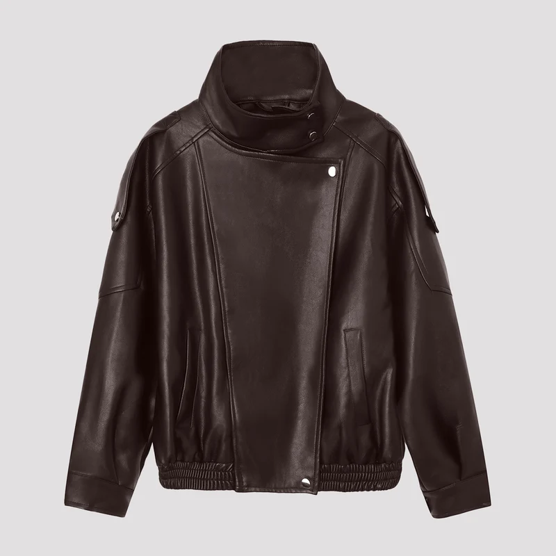 Damen Oversize-Kunstlederjacke mit hohem Stehkragen und asymmetrischer Blende Nord Taschen