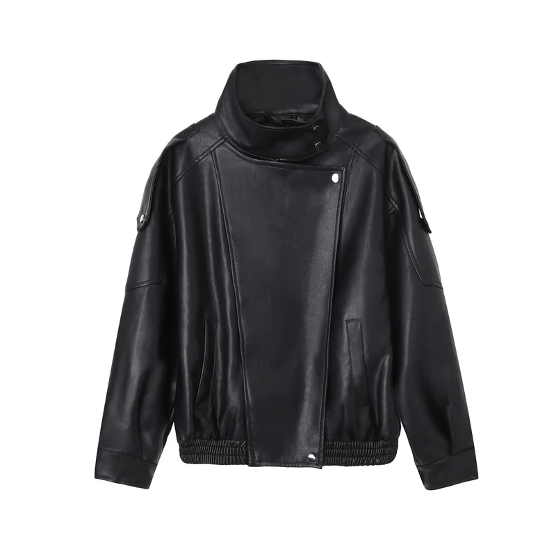 Damen Oversize-Kunstlederjacke mit hohem Stehkragen und asymmetrischer Blende Nord Taschen
