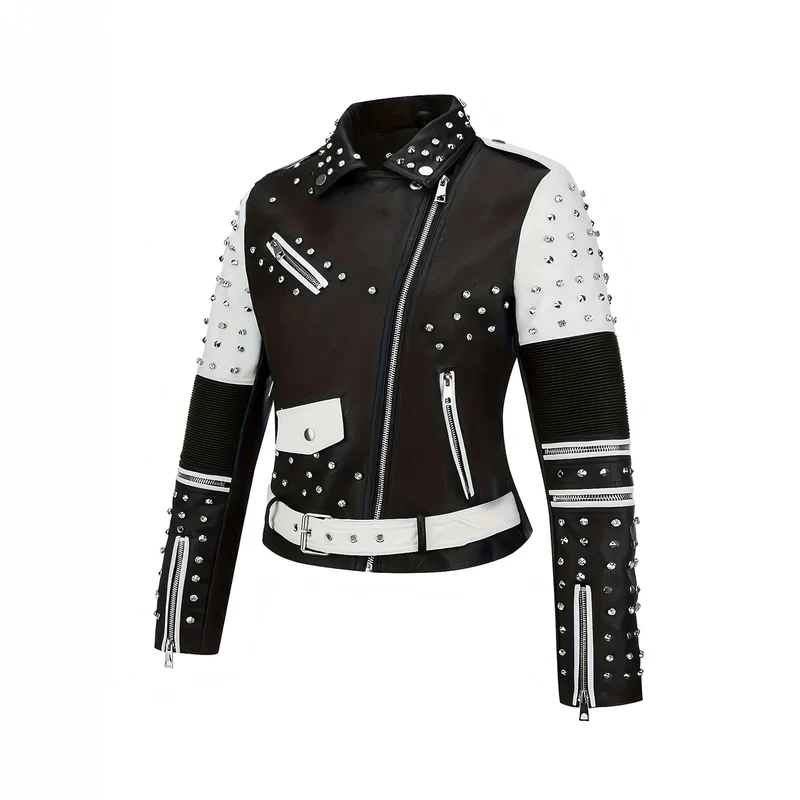 Damen Nietenbesetzte kontrastierende Bikerjacke mit Taillengürtel Nord Taschen