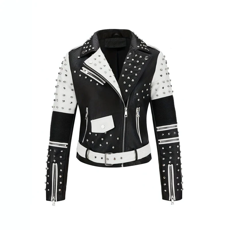 Damen Nietenbesetzte Bikerjacke aus Kunstleder mit Taillengürtel Nord Taschen