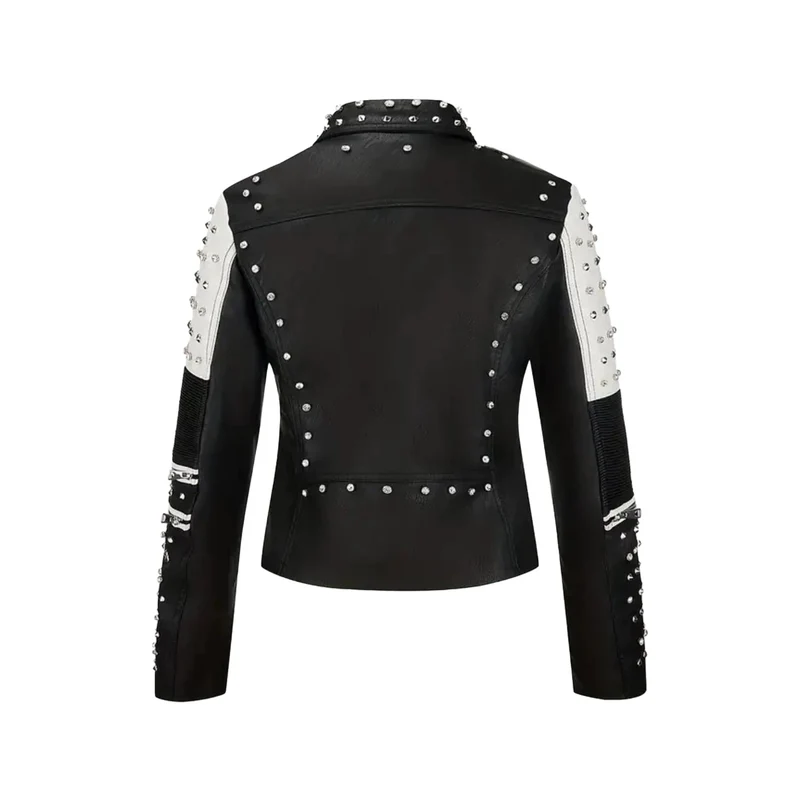 Damen Nietenbesetzte Bikerjacke aus Kunstleder mit Taillengürtel Nord Taschen