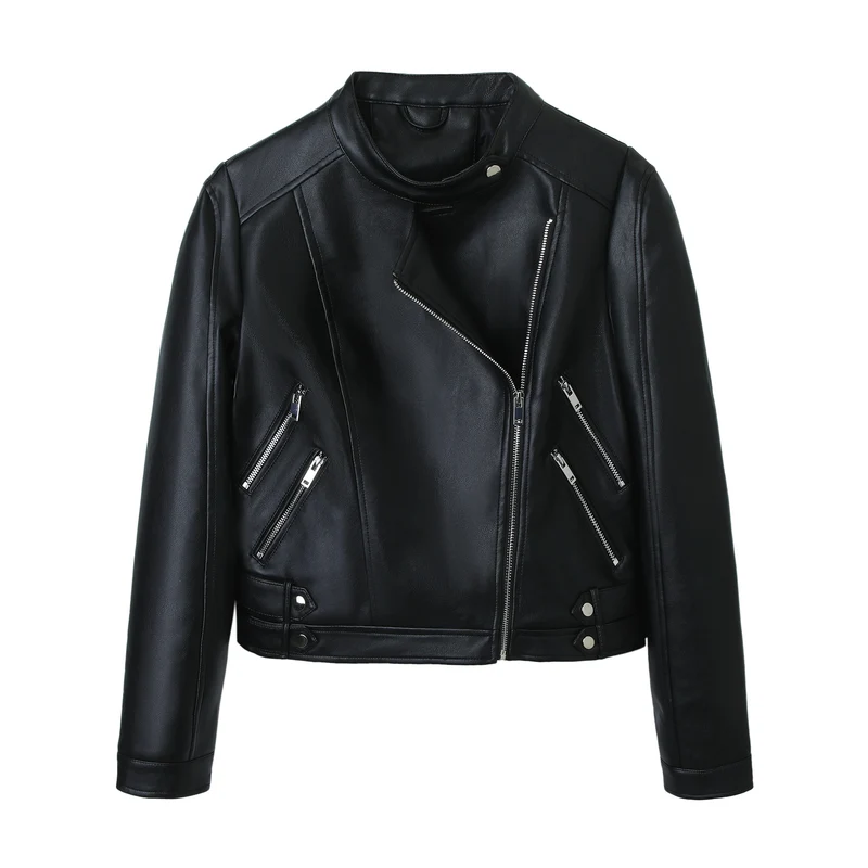 Damen Motorrad-Bikerjacke aus Kunstleder mit Stehkragen, asymmetrischem Reißverschluss und Zierfalten Nord Taschen
