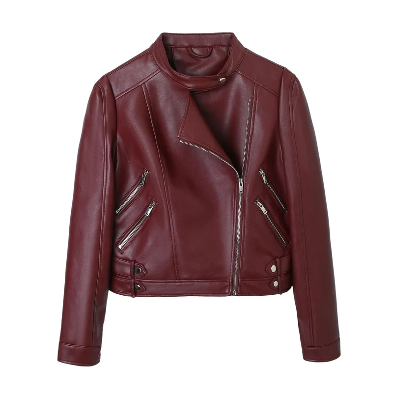 Damen Motorrad-Bikerjacke aus Kunstleder mit Stehkragen, asymmetrischem Reißverschluss und Zierfalten Nord Taschen