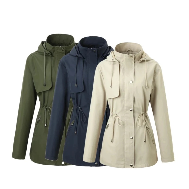Damen Leichter Regenparka mit Kapuze und Taillenzug Nord Taschen