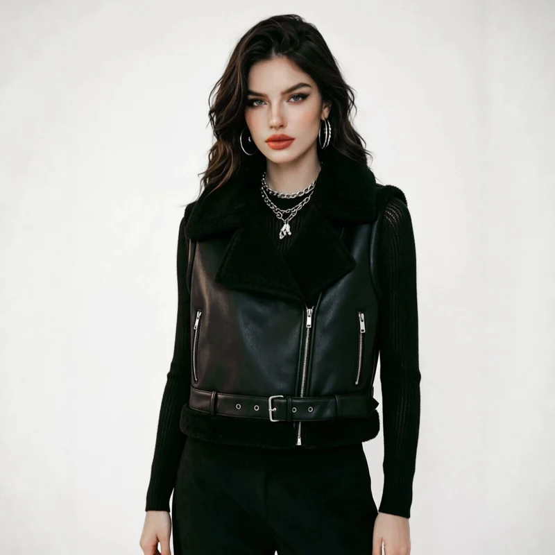 Damen Ärmellose Biker‑Weste aus Lammfelloptik mit Taillengürtel Nord Taschen