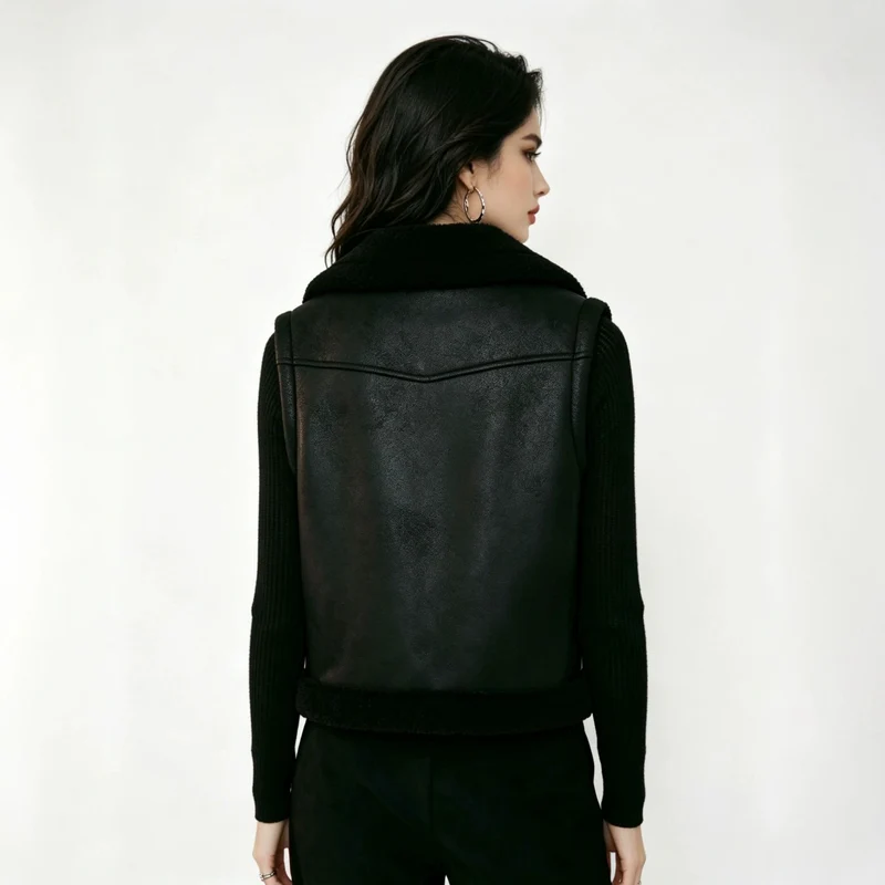 Damen Ärmellose Biker‑Weste aus Lammfelloptik mit Taillengürtel Nord Taschen