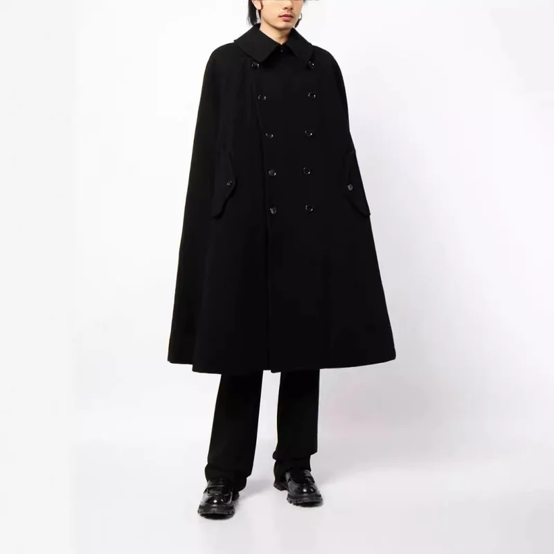 Herren zweireihiger Cape-Mantel aus Wollmix mit Umhangschnitt Nord Taschen