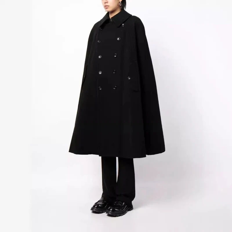 Herren zweireihiger Cape-Mantel aus Wollmix mit Umhangschnitt Nord Taschen